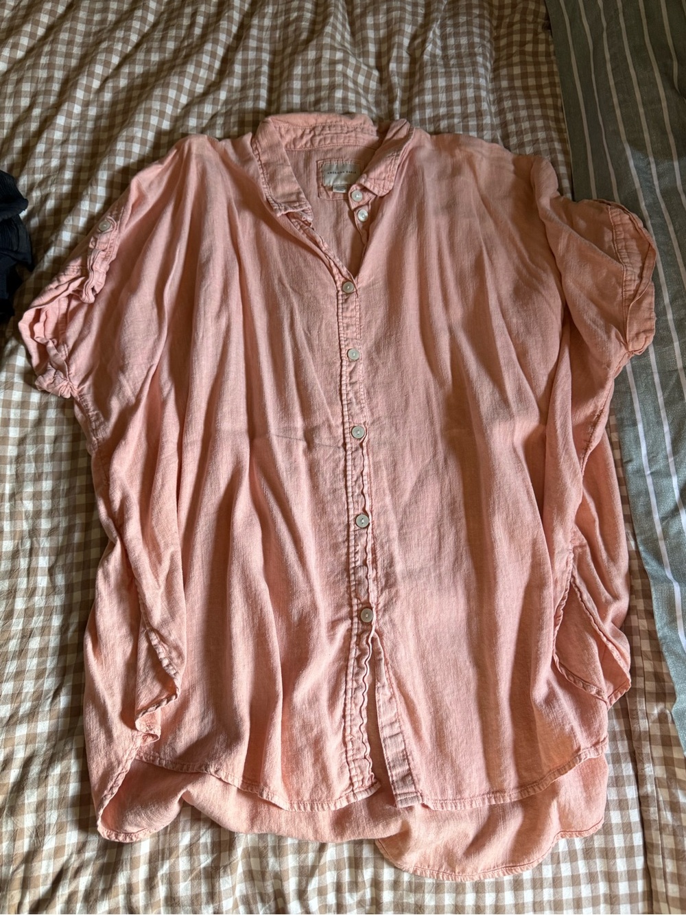 aerie Peach Button-Front Short Sleeve Blouse